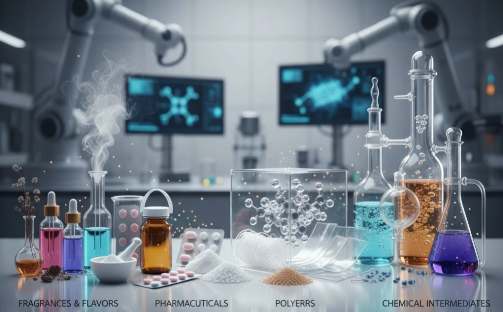 Fragrances and flavors, pharmaceuticals, pesticides, specialty polymers